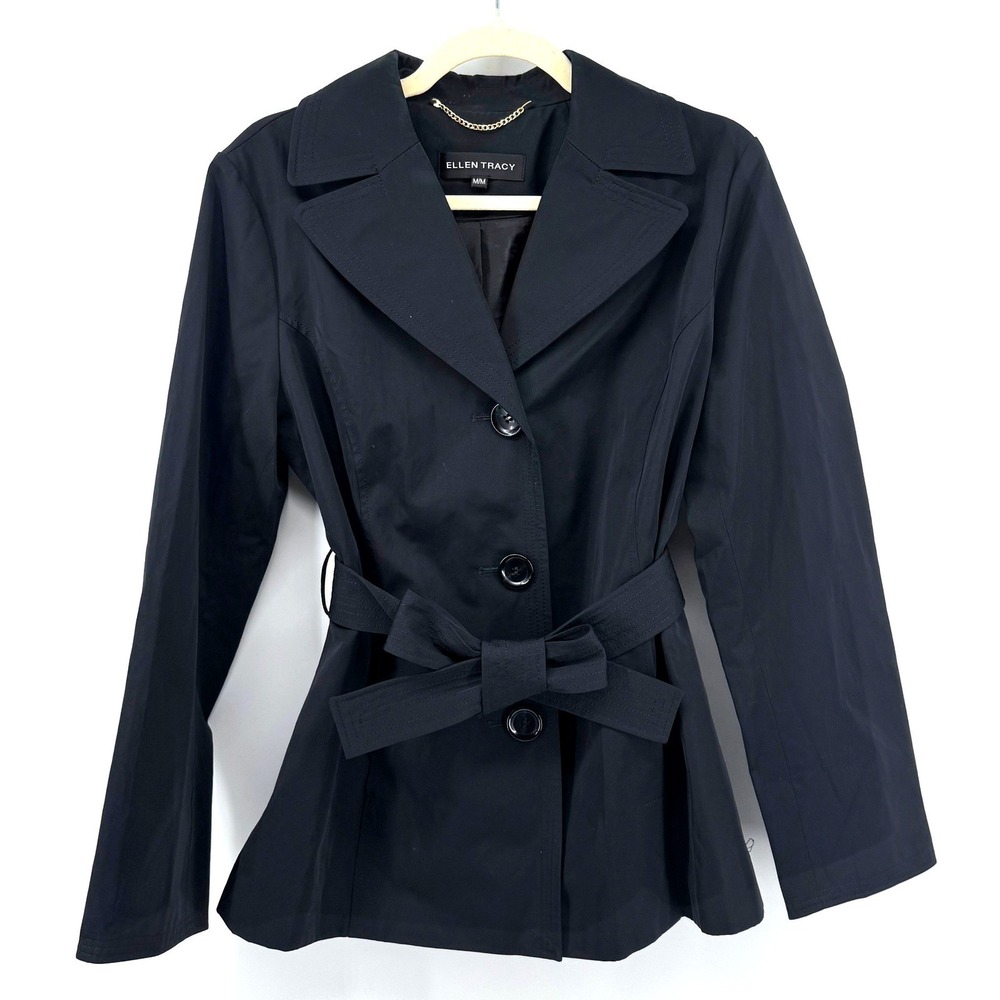 Ellen Tracy Trench Jacket Women M Black Belted Short Coat Professional Luxury